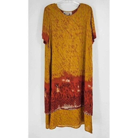 Freestyle Original Collection Abstract Yellow Burnt Orange Layered Dress Large - Picture 1 of 4